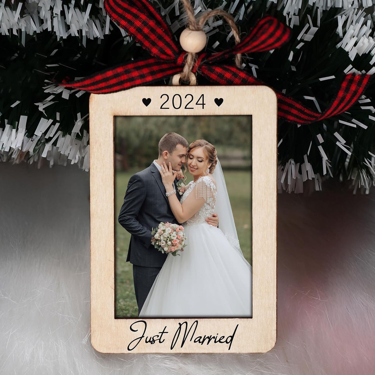 Christmas Photo Frame Ornament, 2025 Ornament, Wooden Picture Frame Ornaments With Hanging String (Married)