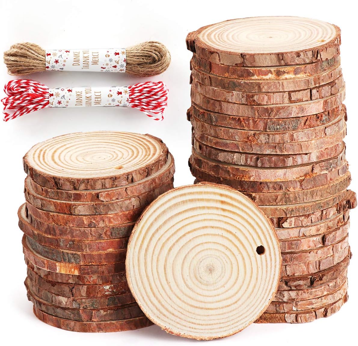 50Pcs Wood Slices 2.4"-2.8" Unfinished Wood Rounds with Pre-drilled Hole and 66Feet Twine String, Natural Wood for Crafts for Home Decor Painting DIY Christmas Ornaments Party Wedding Decor