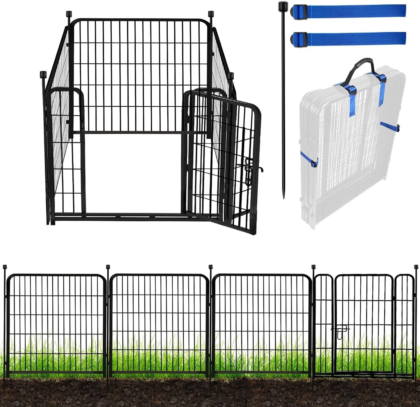 ADAVIN Tall Garden Fence with Gate, 36 in(H) 4 Panels Heavy Duty Iron Metal Animal Barrier Fence, Fence Blocker for Dogs, Portable Temporary Fencing. Total 9 Ft(L). Black