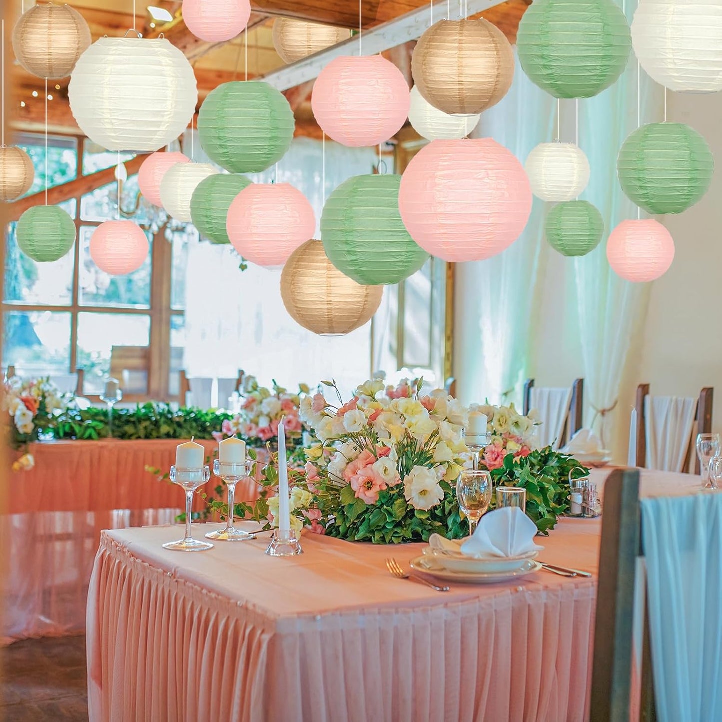 ADLKGG Paper Lanterns Party Decorative, Round Hanging Paper Lanterns Wedding Decorations for Sage Green Bridal Shower Birthday Rustic Party Neutral Baby Shower Home Decor Sage Green/Pink/Brown 21pcs