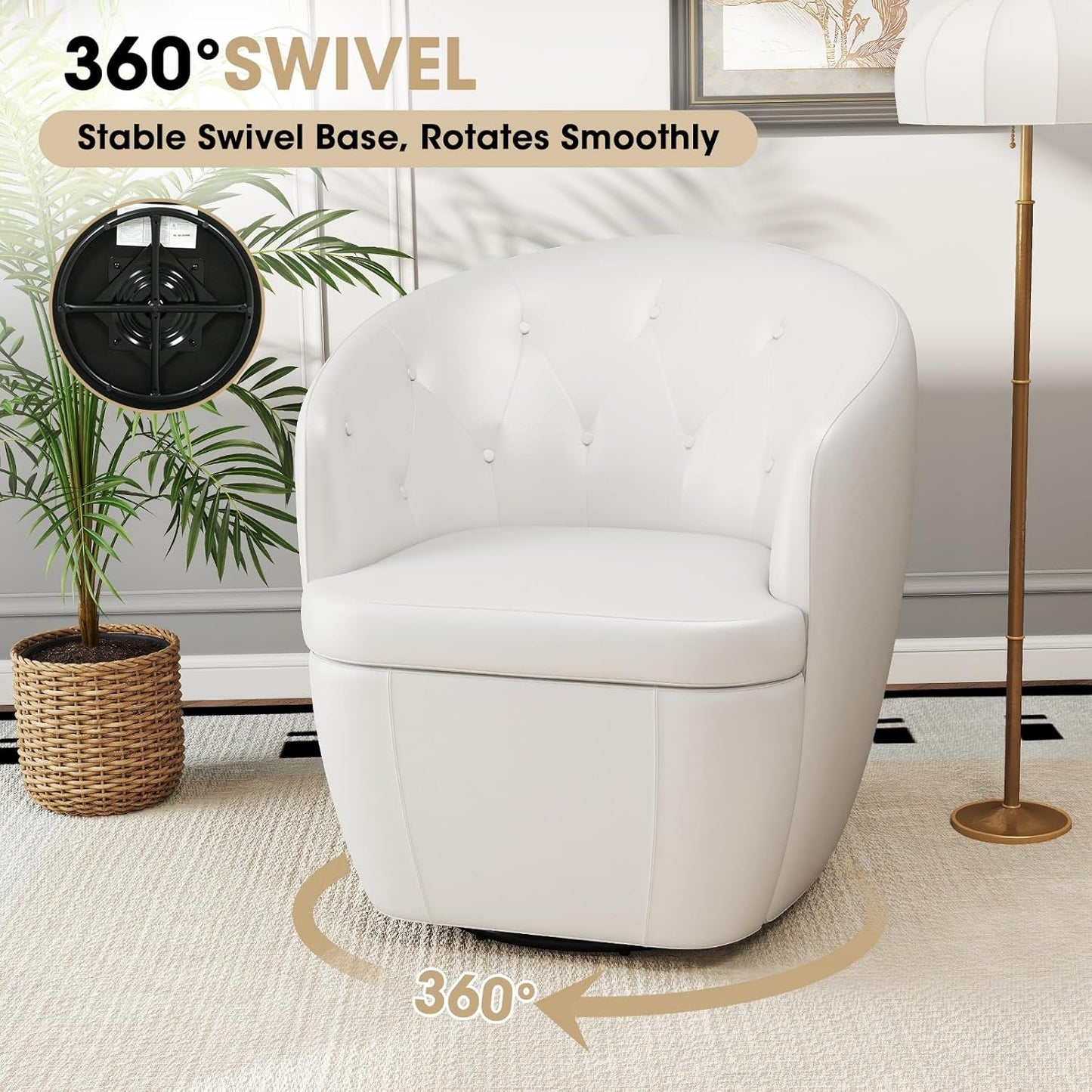 360° Swivel Leather Accent Chair, Modern Barrel Club Chair with Leather Upholstery and Sturdy Base, Comfortable Armchair for Living Room, Bedroom, Reading Nook, White
