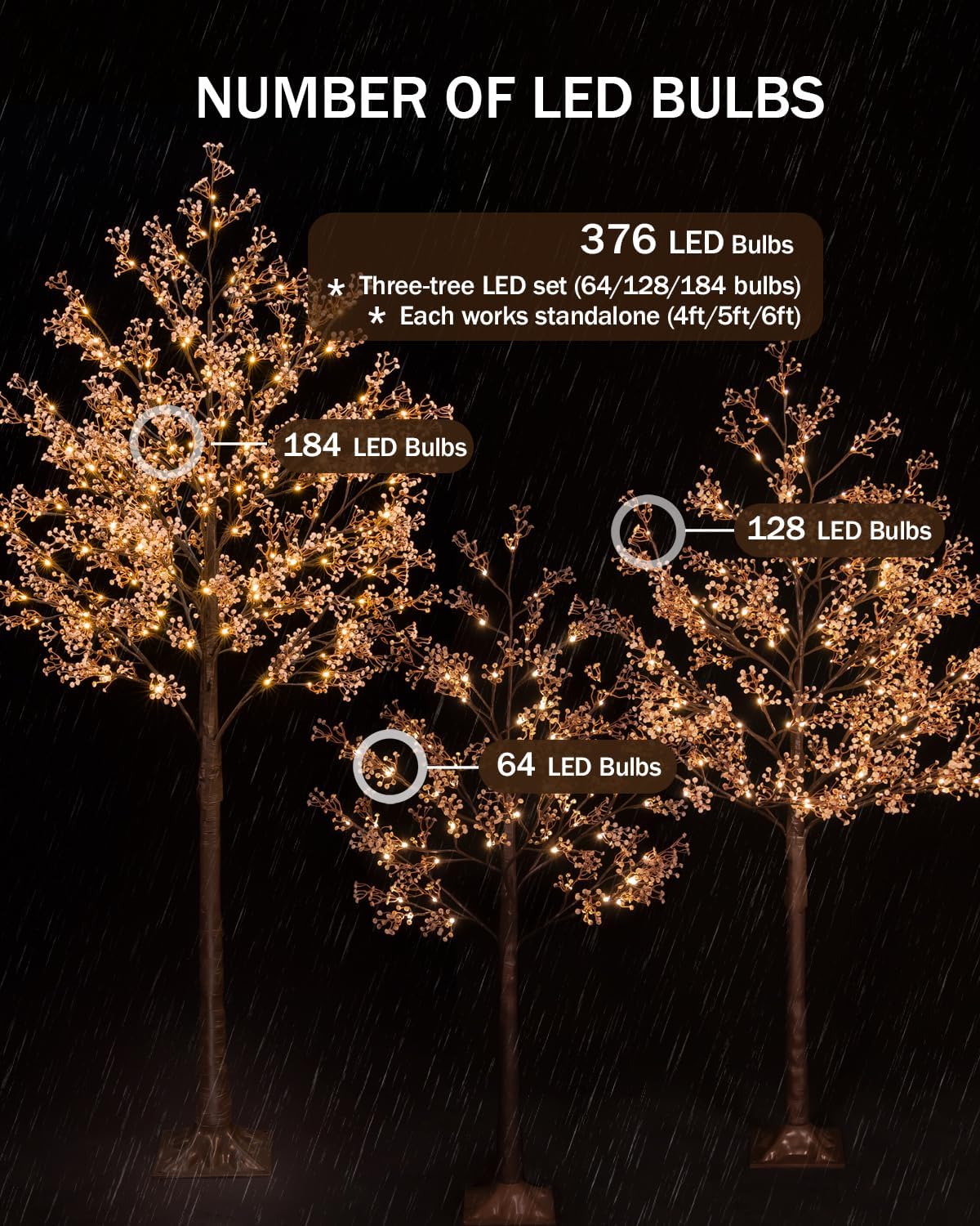 Lighted Baby's Breath Tree Set 4ft, 5ft and 6ft with 144/184/240 Warm White LED Lights for Holiday Decor - Dimmable, UL Certified, Waterproof - Ideal for Indoor and Outdoor Decoration