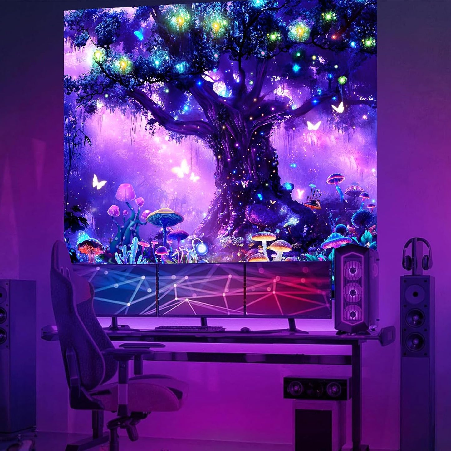 Atrippy Blacklight Fantasy Forest Poster Tapestry for Bedroom, Black Light UV Nature Tree of Life Tapestries Wall Hanging, Magical Mushroom Butterfly Backdrop for Living Room Dorm Decor 51x60 Inches