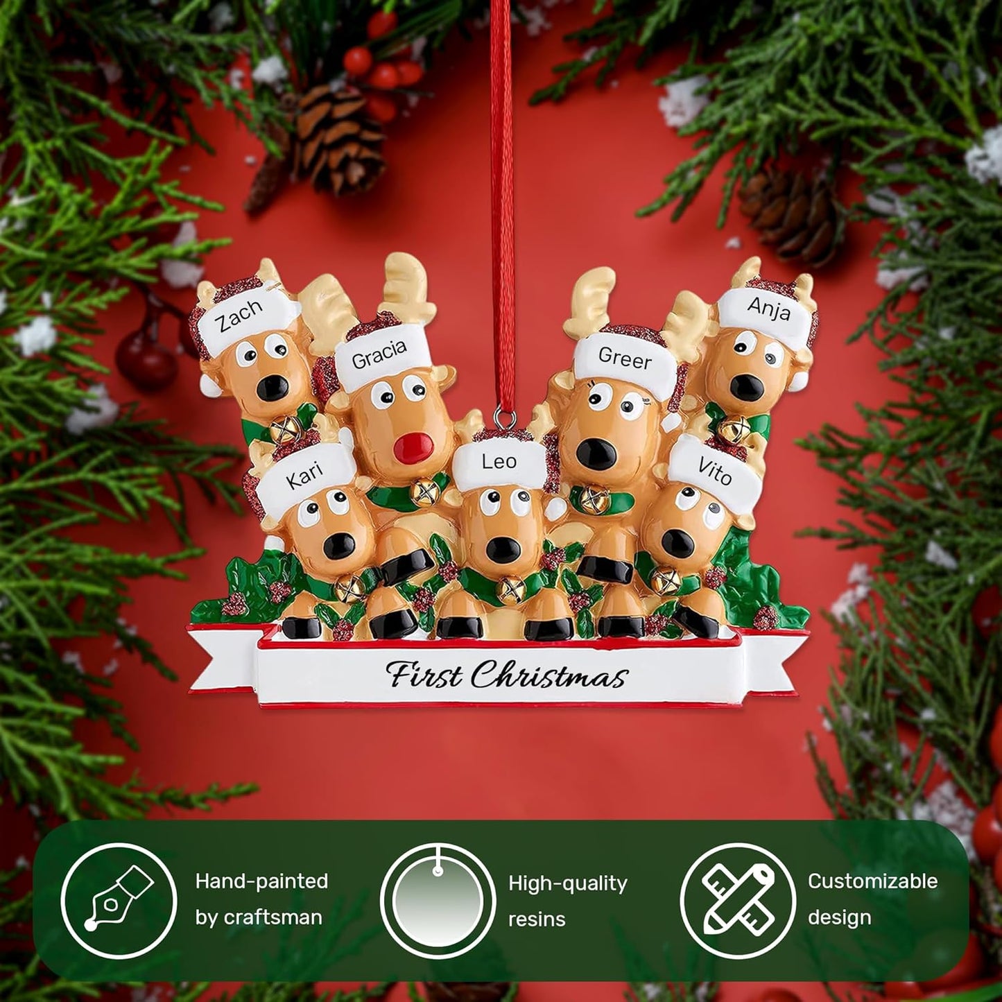 Personalized Christmas Ornaments 2025, Custom Reindeer Family Ornaments for Trees with Names, Handcrafted Christmas Deer Decorations for 2-8 Members, Meaningful Xmas Family of 7