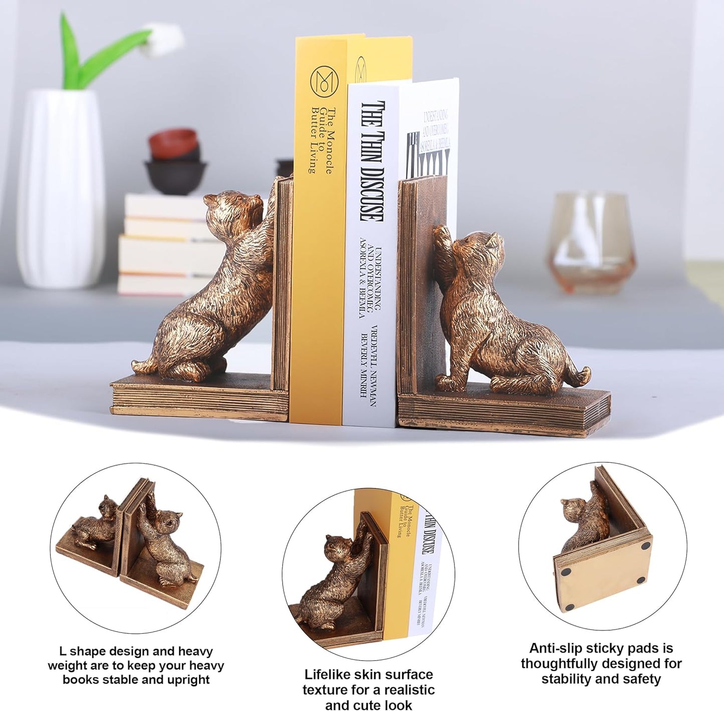 Book Ends for Shelves to Hold Books Heavy Duty,Decorative Bookend for Bookshelf Décor,Cute Animal Cat Book Stopper Cat Statues for Home, Office Desk Decoration,1pair