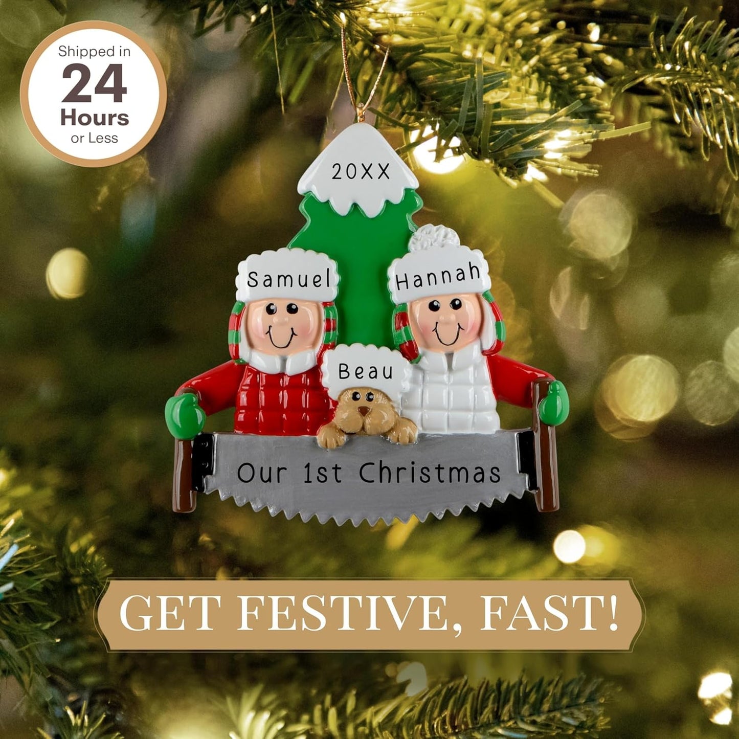 Personalized Couple with Dog Ornament 2025 | Free 24h Customization | Laser Engraved Pet Family Christmas Ornaments for Tree | Custom Gift Wrapped Outdoors Keepsake for Dog-Lovers