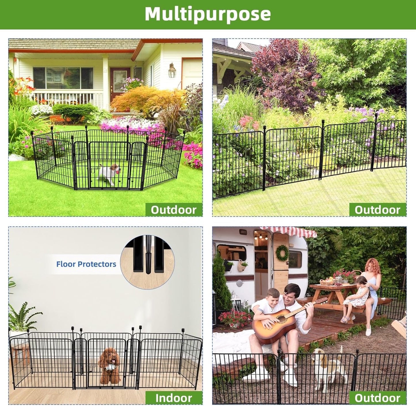 ADAVIN 40 in(H) Garden Fence with Low Threshold Door, Dog Fence Outdoor for Yard, 8 Panels Total 17.7 Ft(L) Dog Playpen，Black Metal Dog Play Pen Indoors, Pet Puppy Playpen for Camping, Dog Fencing