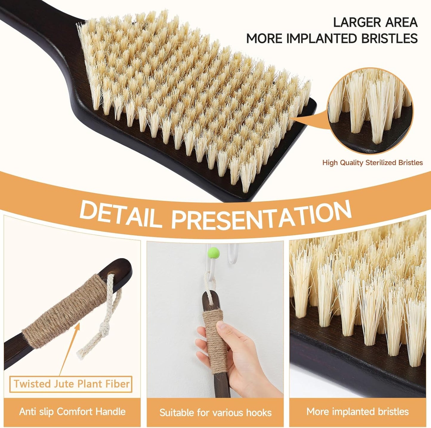 Back Scrubber Shower Brush,Dry Brushing Body Brush with 17.7 Inch Curved Long Handle, Natural Bristles for Lymphatic Drainage, Soft & Stiff Bristles Available (Soft-Fine Boar Bristles)