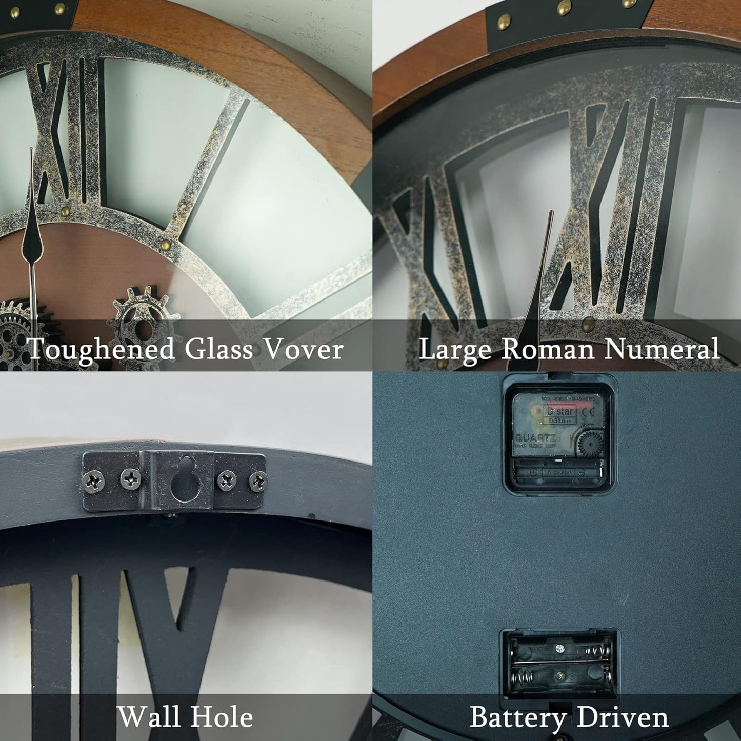 30 Inch Moving Gear Wall Clock, Oversized Wall Clocks, Clock Living Room Decor, Solid Wood Frame, Battery Operated, Large Wall Clock with Steampunk Industrial for Fireplace(Machilus)