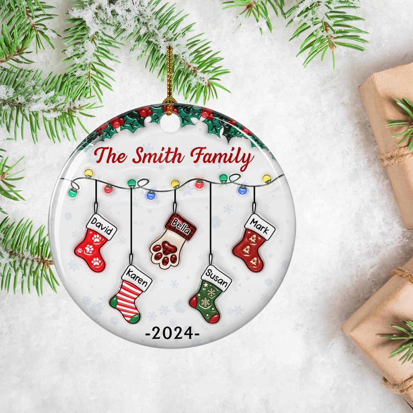 Stocking Personalized Family Christmas Ceramic Ornament 2025-3D Inflated Effect Custom Name Hanging Stock up to 10 Members, First Xmas as A Family Ornament Gifts (A04, 3 Names)