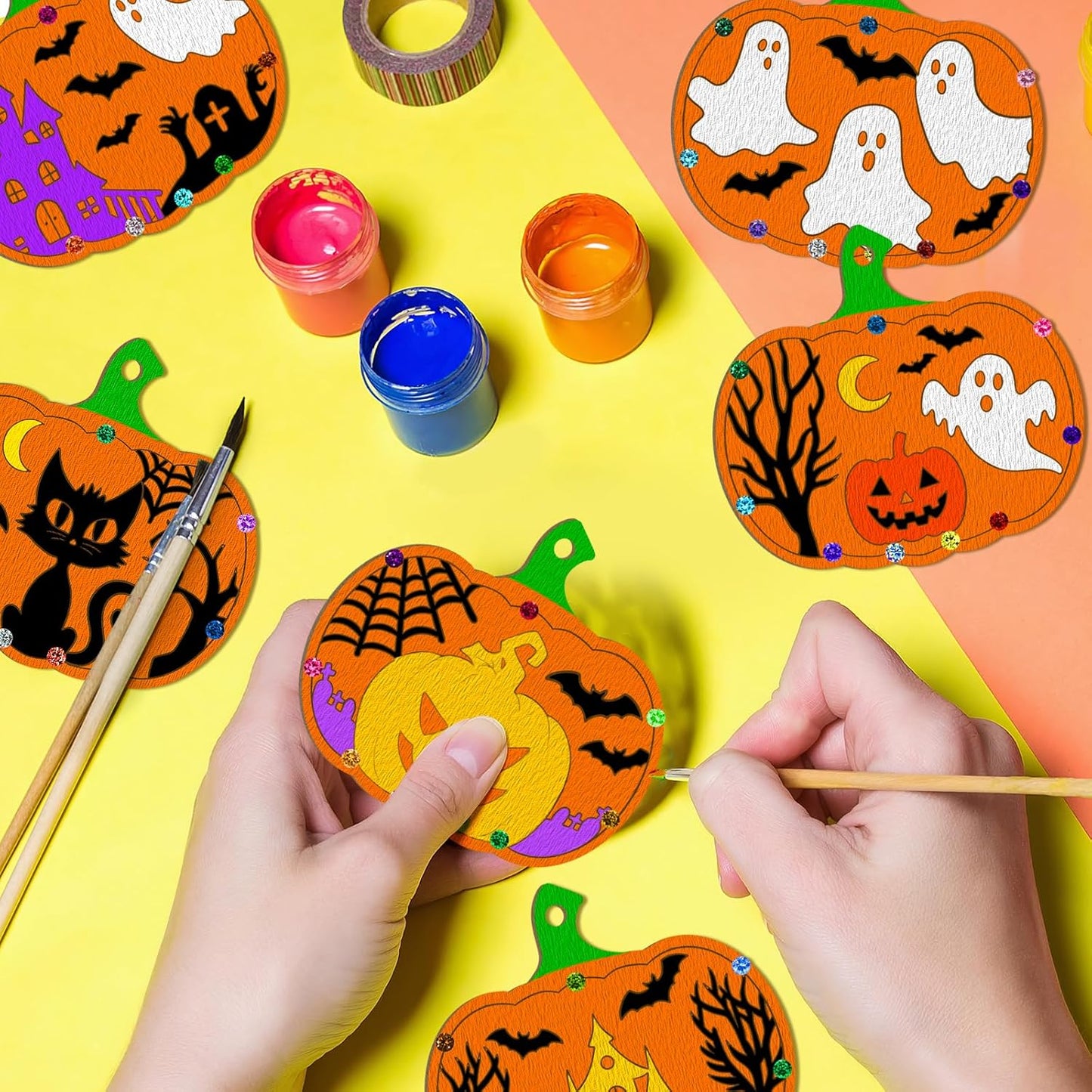 36PCS Wooden Pumpkins Ornaments to Paint Halloween Thanksgiving Decoration Cutouts Unfinished 3.5 inches, DIY Blank Unfinished Pumpkin Ornament for Home Harvest Crafts Hanging Autumn Decor（6Style）