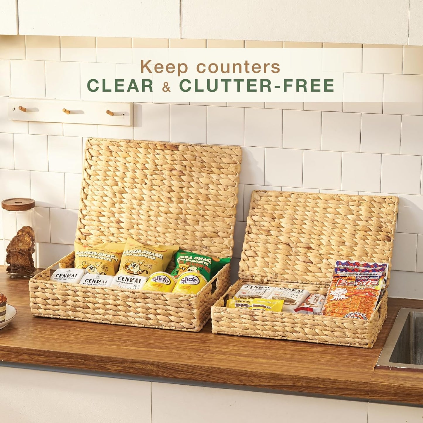 Set of 2 Wicker Baskets with Lid for Organizing - Decorative Storage Boxes With Lids for Home Decor, Shelves - Organic Modern Home Decor - Remote Box - Coffee Table Basket