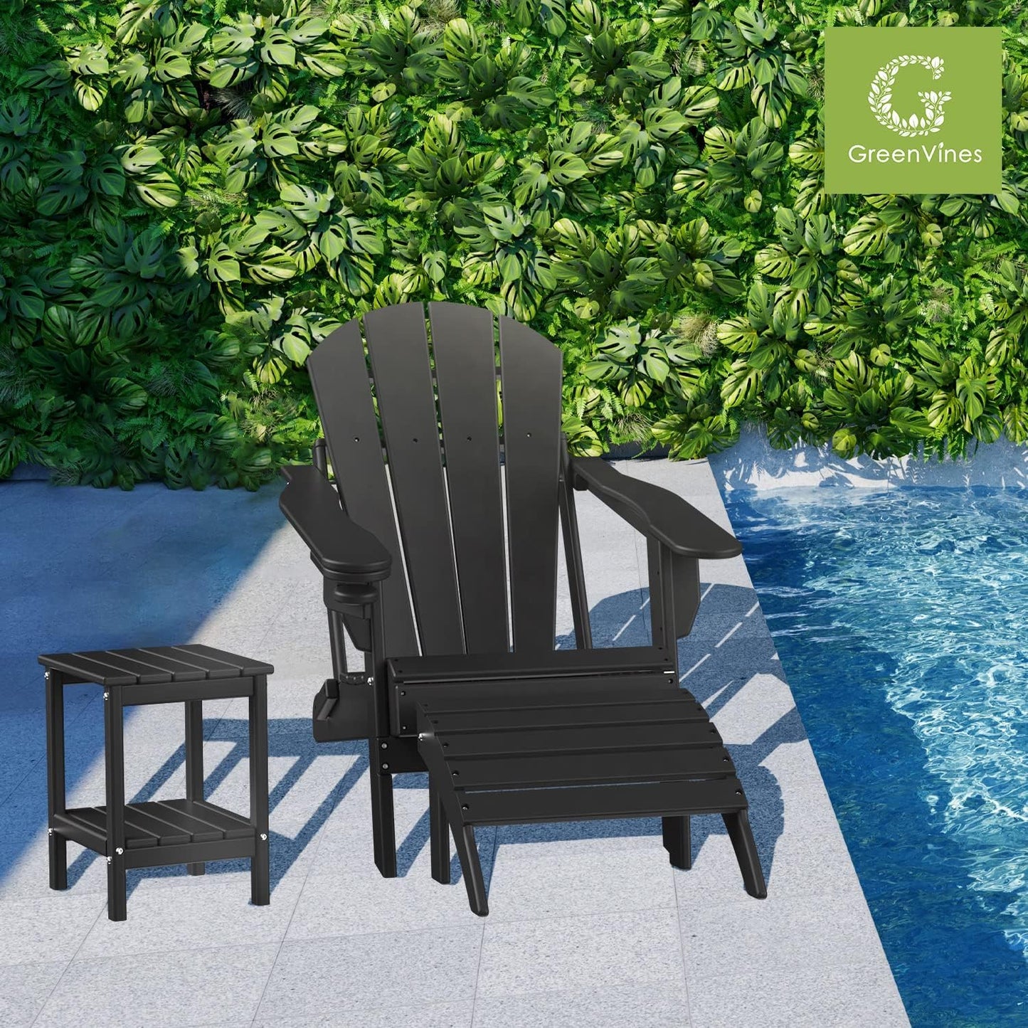 GREENVINES Adirondack-Ottoman | HDPE Plastic | Outdoor Footrest | All Weather | Foot Rest | Foot Stool | Black | for Adirondack Chair | for Patio Backyard Pool