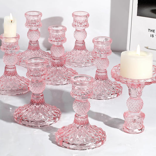 12Pcs Pink Candlestick Holders Set- 4" H Taper Candle Holders Bulk, Glass Candle Holders for Wedding, Party, Romantic Dinner Table Centerpieces, Festival Gifts & Windowsill Decor