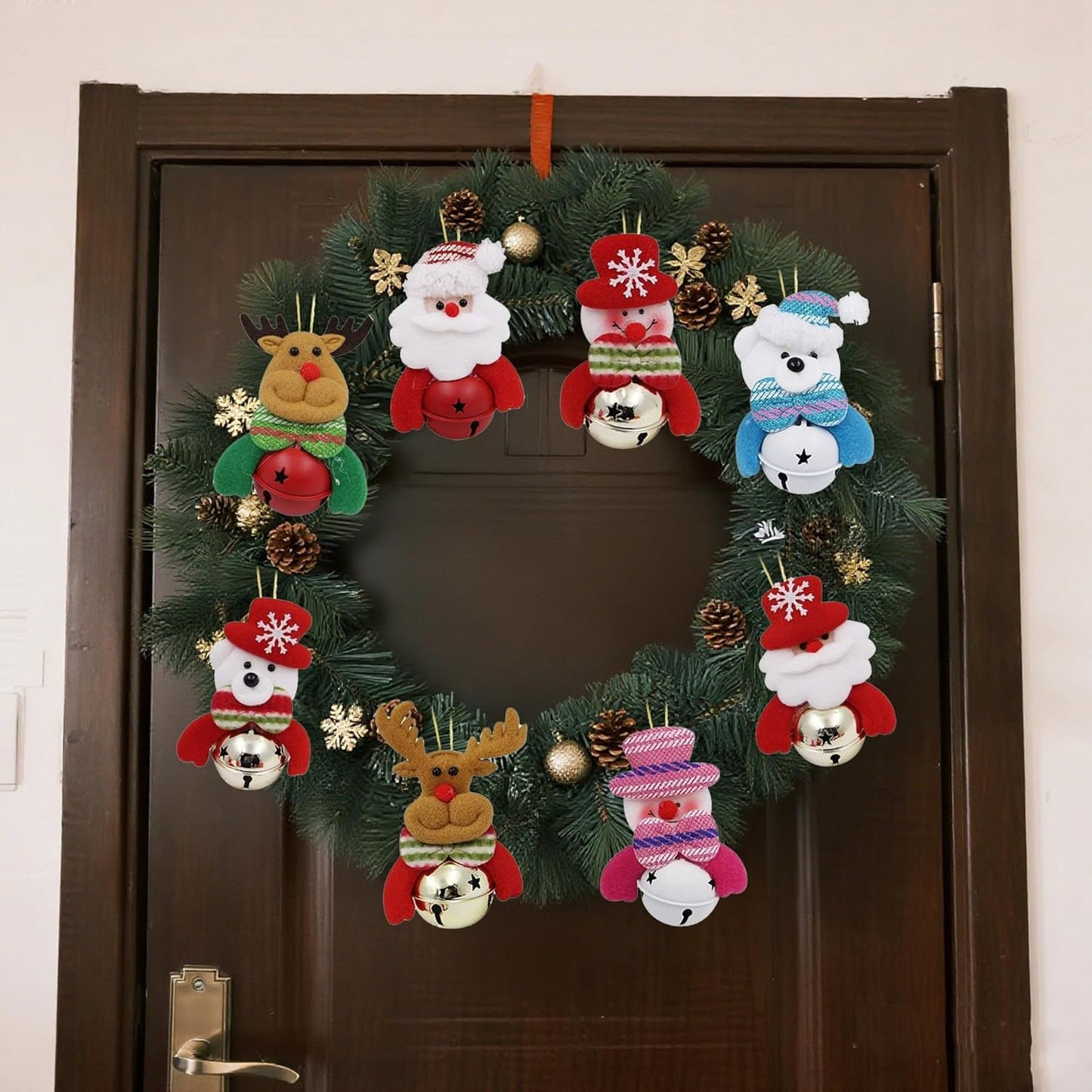 Happy Trees Christmas Tree Plush Ornaments Set for Xmas Home Party Decor, Christmas Hanging Snowman Elk Santa Claus Polar Bear Decorations with Metal Bells, 8 Pcs (Set of 8)