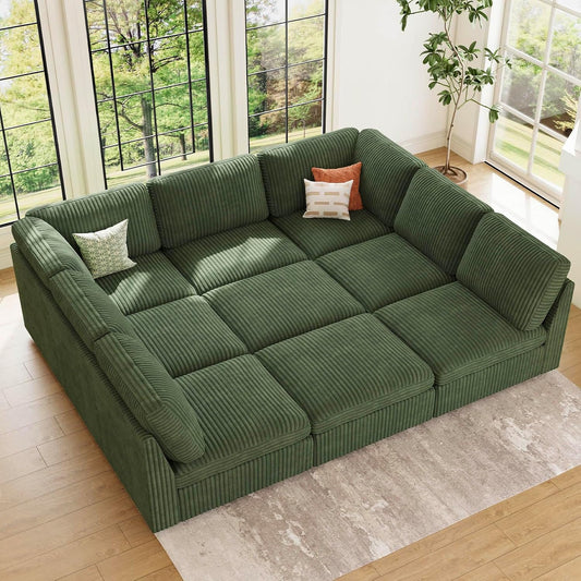 Belffin Modular Sectional Sofa with Sleeper Sofa, Oversized Cloud Couch with Extra Deep Seat, Upholstered 9 Seat Sectional Couches for Living Room, Plush Corduroy Green