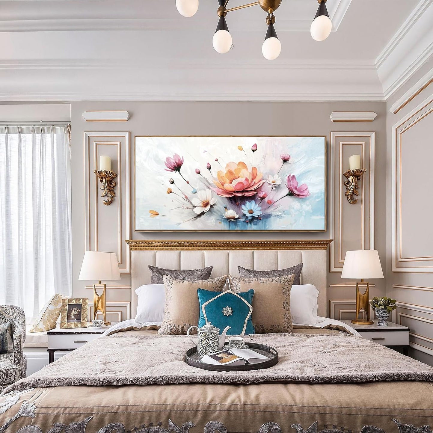 amatop Framed Floral Canvas Wall Art – Oversized Pink Blue Abstract Bloom Flower Print Daisy & Peony Picture Elegant Botanical Nature Large Artwork for Living Room Bedroom Dining Entryway Decor 58x29 inch