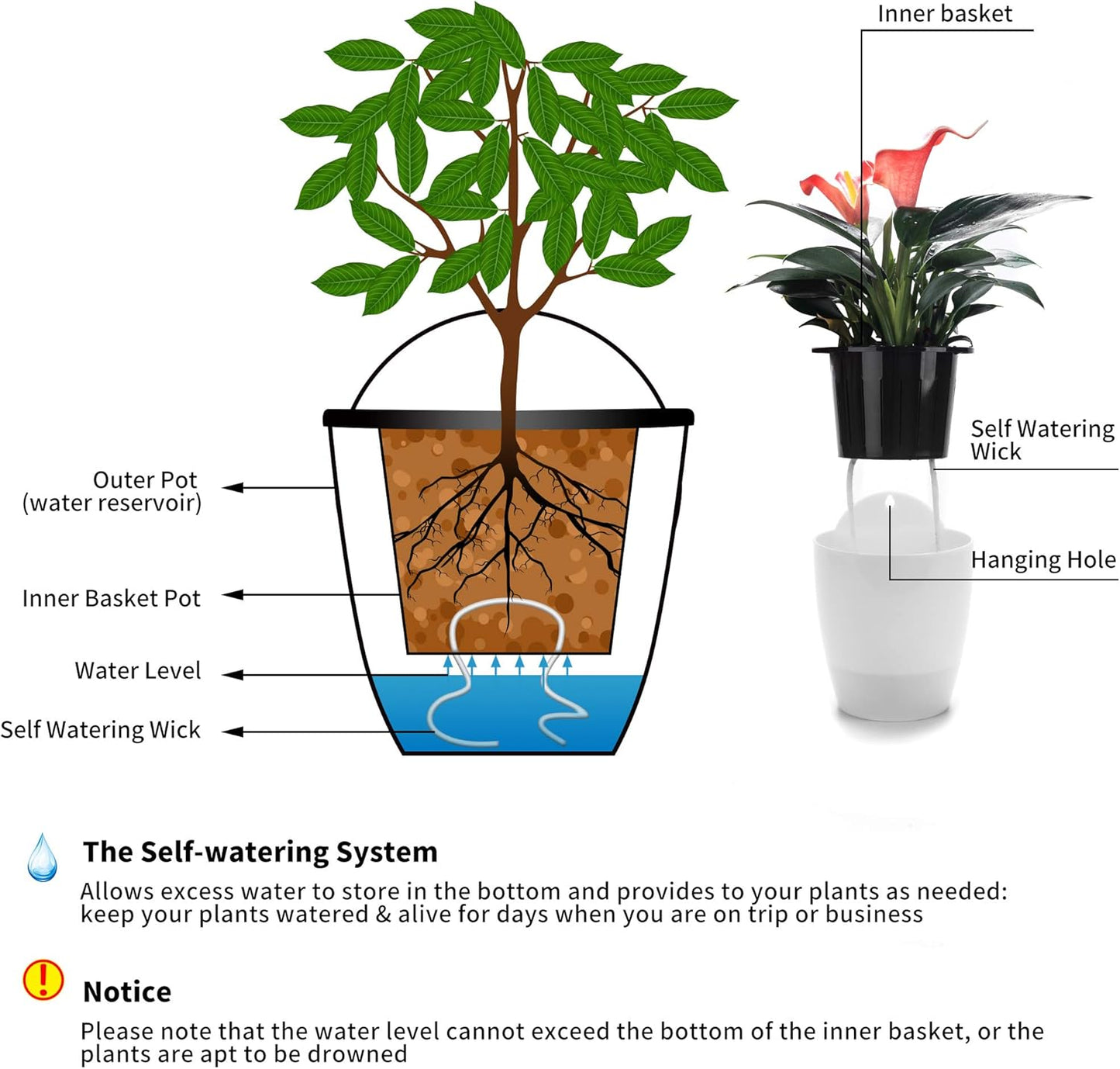 6 Pack White Hanging Planter Pots Self Watering Vertical Garden Wall Mount Window Hang Round Plastic Container Indoor Outdoor for Plants Flowers Succulent Kitchen Living Herbs Holder Decor(Large)