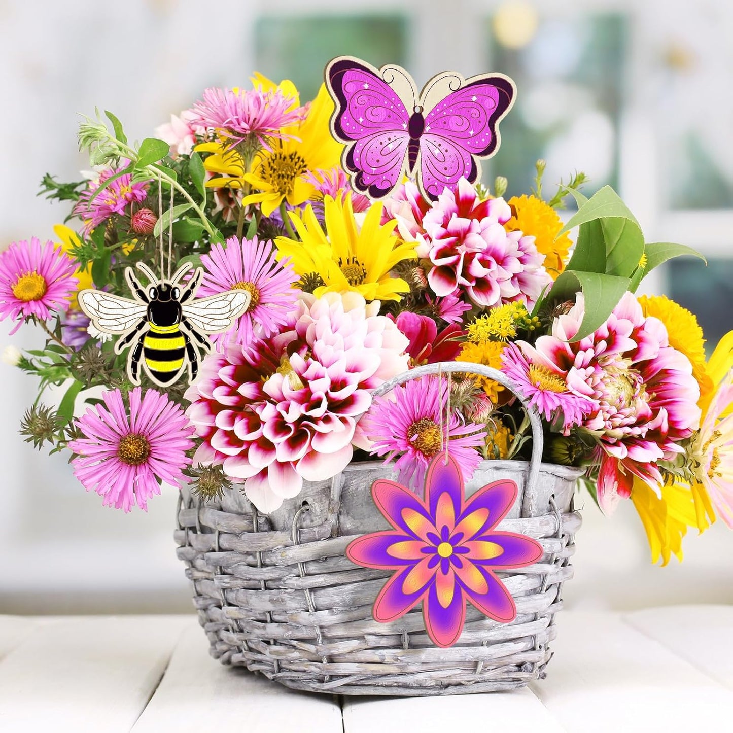 36PCS Wooden Spring Ornaments to Paint, 6 Styles DIY Blank Unfinished Wood Flower Cutouts Butterfly Ornament for Crafts Hanging Decorations, Cute Bee Flower Shape Home Decorations Gifts