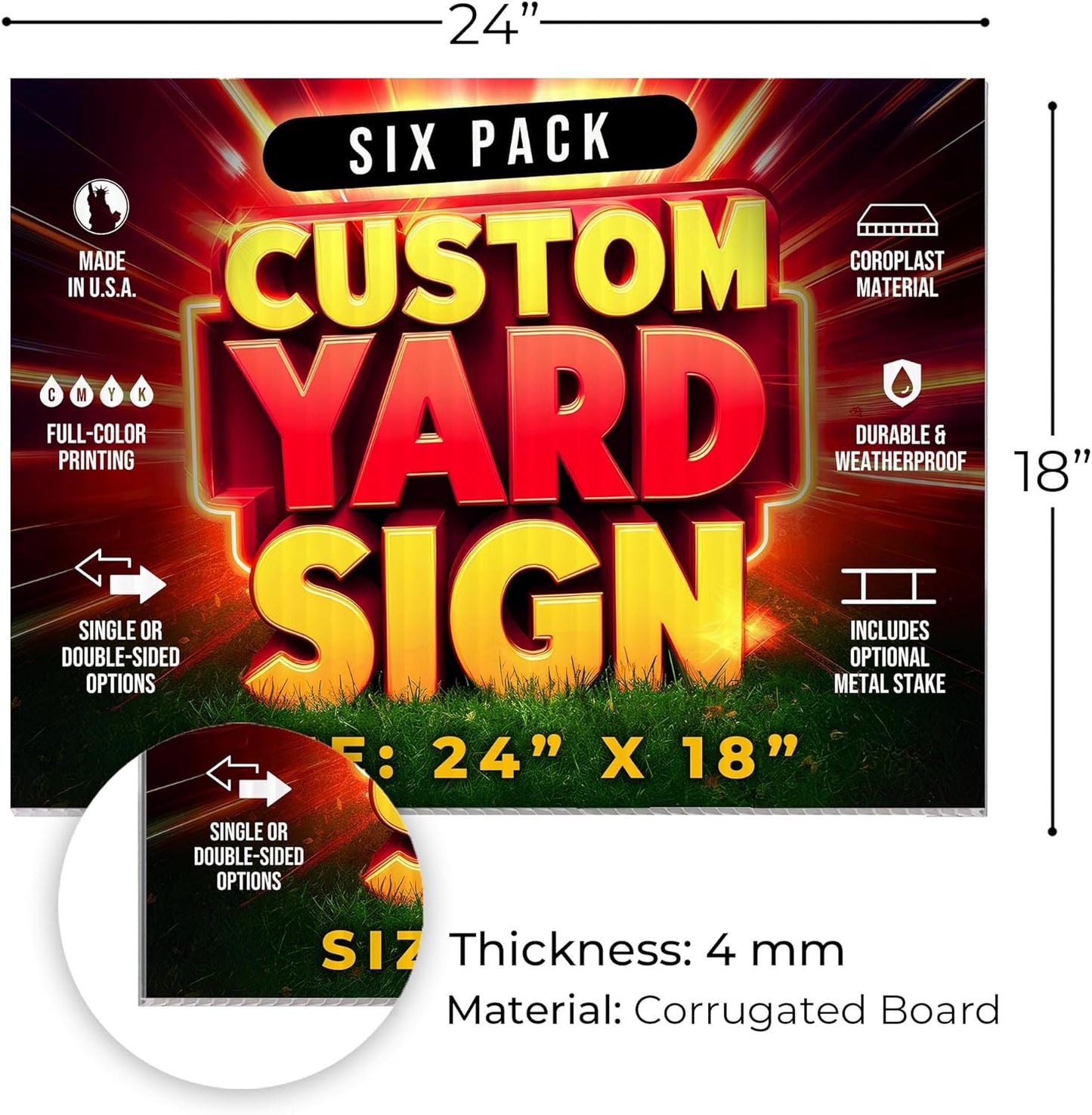 6 Pack 24"x18" Custom Yard Signs With or Without Stakes, Personalized Yard Signs for Outdoors, Customized Full Color Print Corrugated Signs for Business