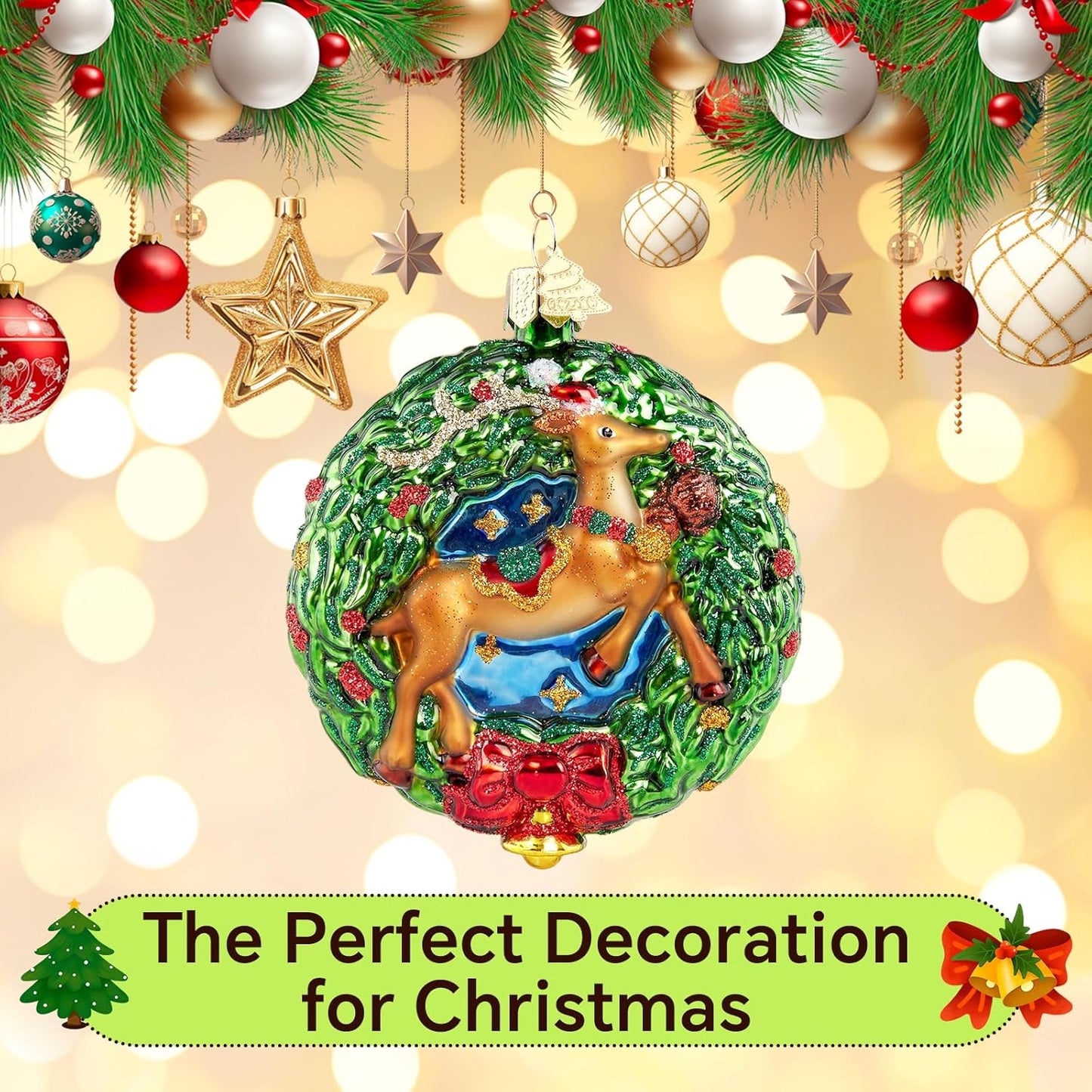 Reindeer Christmas Tree Ornaments,Blown Glass Christmas Ornaments, Wreath Collection Hanging Ornaments,Glass Home Decorations for Animal Lovers Holiday Party Daily Gifts