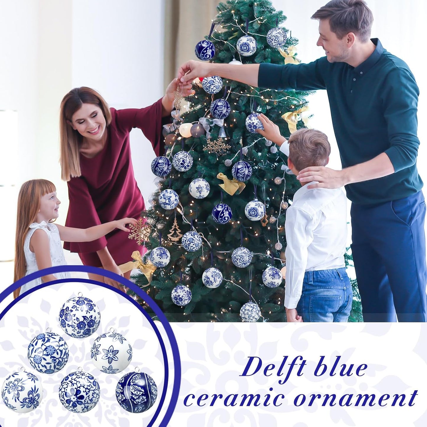 Cindeer 12 Pcs Blue and White Christmas Porcelain Balls 2.4 Inch Porcelain Chinoiserie Ornament Bulk Christmas Ceramic Hanging Decorative for Tree Home Xmas Party (Elegant Style)