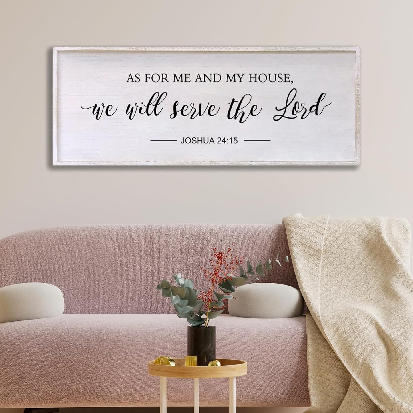 As for Me and My House We Will Serve the Lord Wall Decor - 32" x 12" Large Rustic Family Living Room Wood Framed Home Sign Joshua 24 15 Christian Bible Verse Plaque Hanging Wall Art(White)