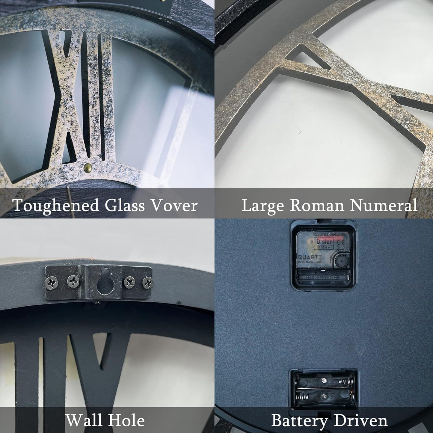 27 Inch Moving Gear Wall Clock, Oversized Wall Clocks, Clock Living Room Decor, Solid Wood Frame, Battery Operated, Large Wall Clock with Steampunk Industrial for Fireplace(Gray)