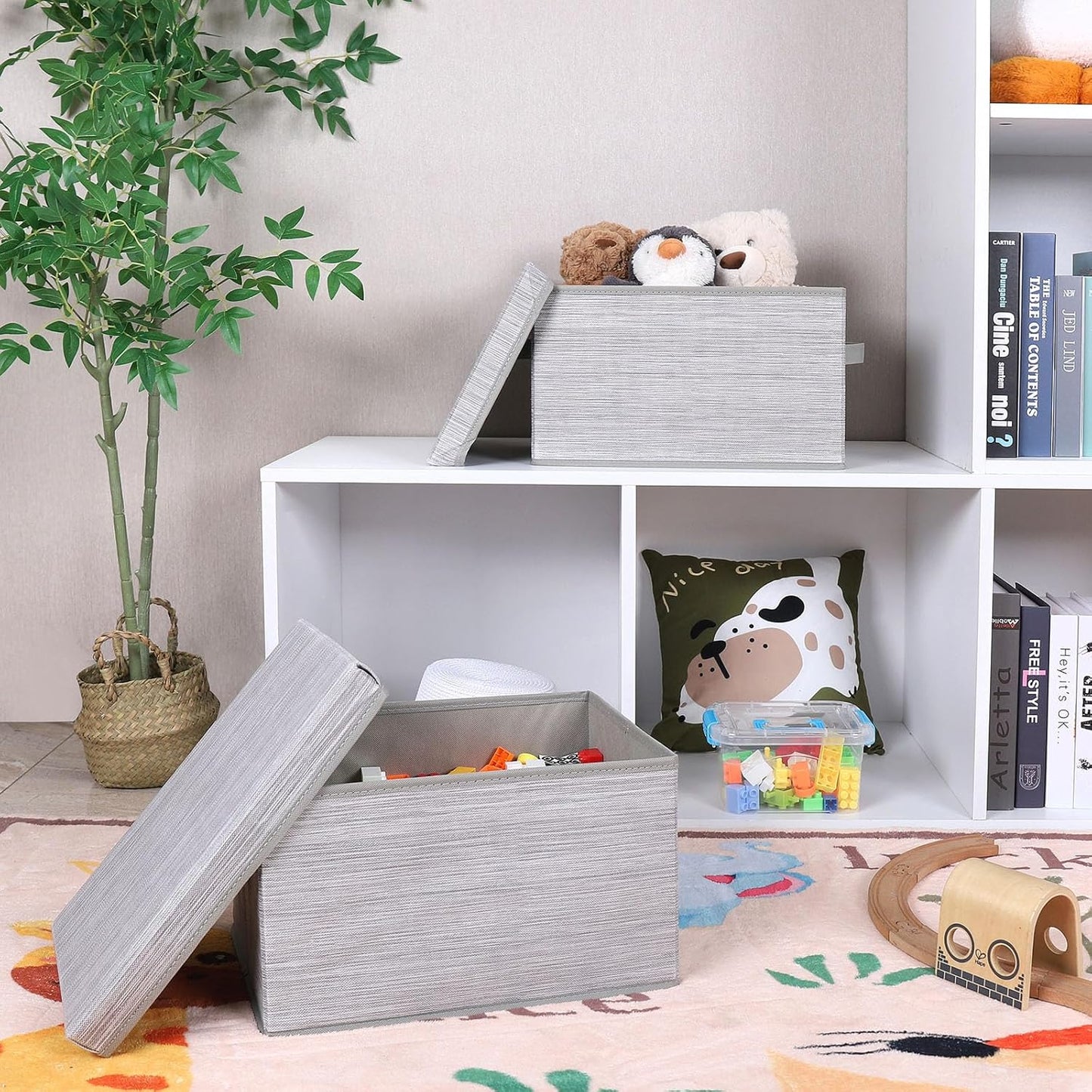 WUIKE Storage Bins with Lids, Collapsible Stackable Storage Bins with Handles, Clothing Storage Containers for Closet, Fabric Shelf Baskets, Large, Light Gray/Slub Gray, 3-Pack