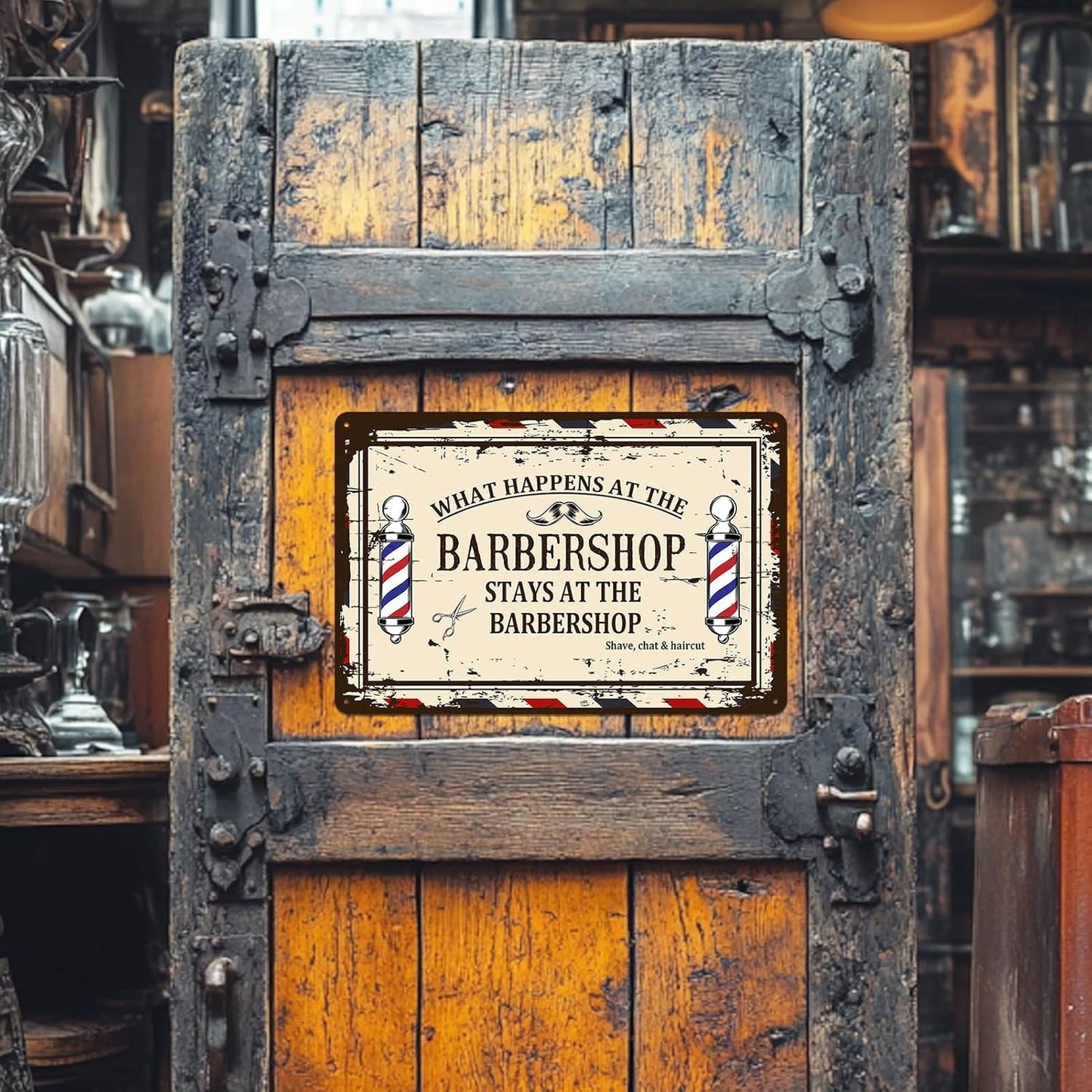 Barber Shop Decor Accessories - Vintage Barbershop Metal Tin Signs Haircut Wall Art Posters Gifts for Men Decorations - What Happens At The Barbershop Stays At The Barbershop Sign 8x12 Inch