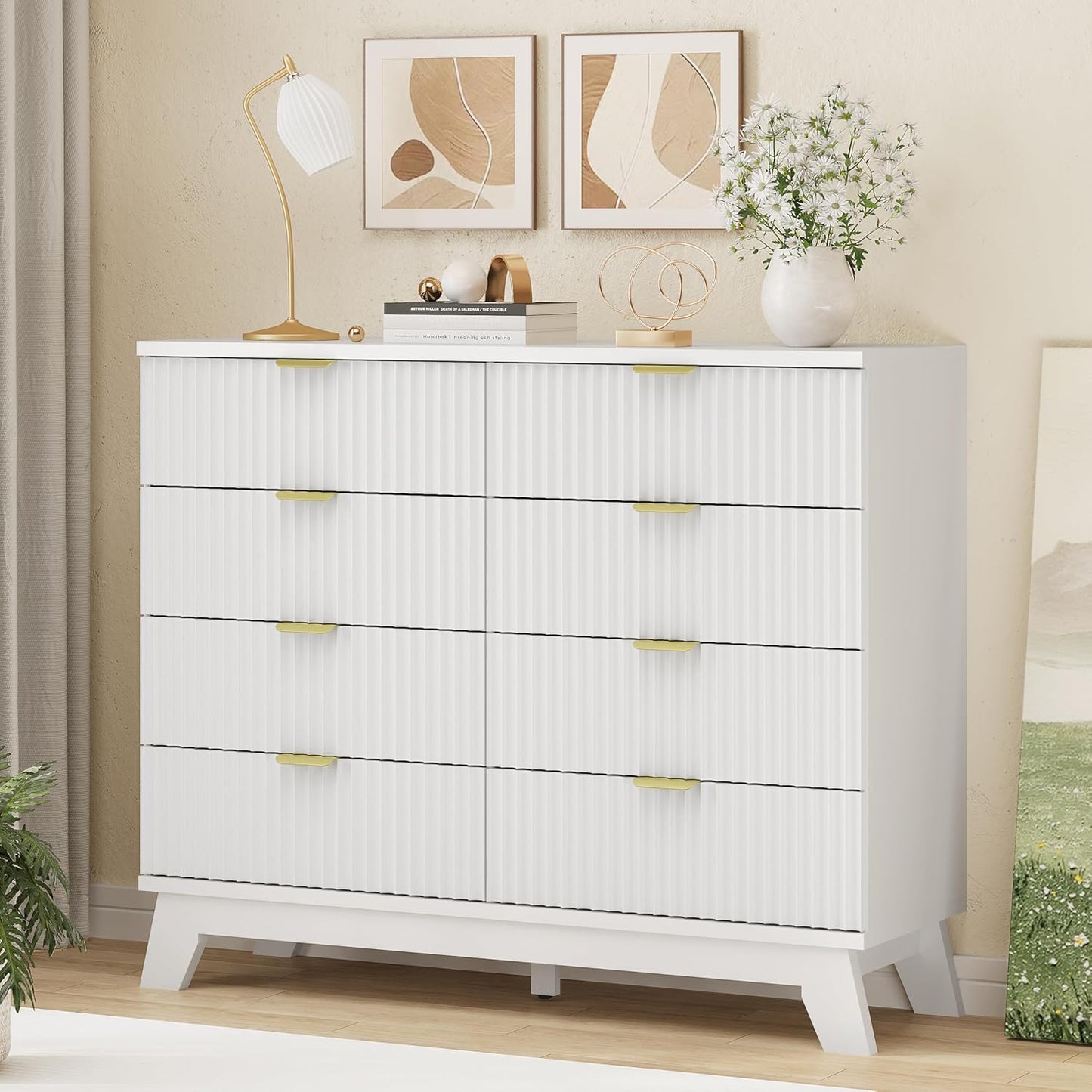 Fluted Dresser for Bedroom with 8 Drawers, 48" Wide Modern Chest of Drawers with Metal Handle, Wooden Dresser TV Stand, Wood Closet Clothes Storage Drawer Organizer for Living Room, Hallway, White