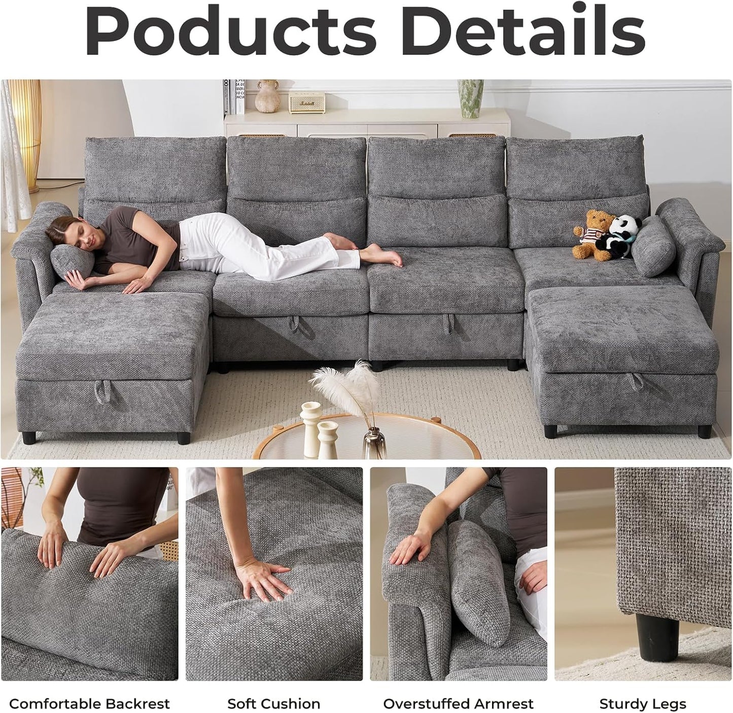 132'' Oversized Modular Sectional Sofa, U Shaped Comfy Sectional Couch with Large Storage, 6 Seat Chenille Deep Seat Cloud Sofa with 2 Throw Pillows for Living Room,Grey