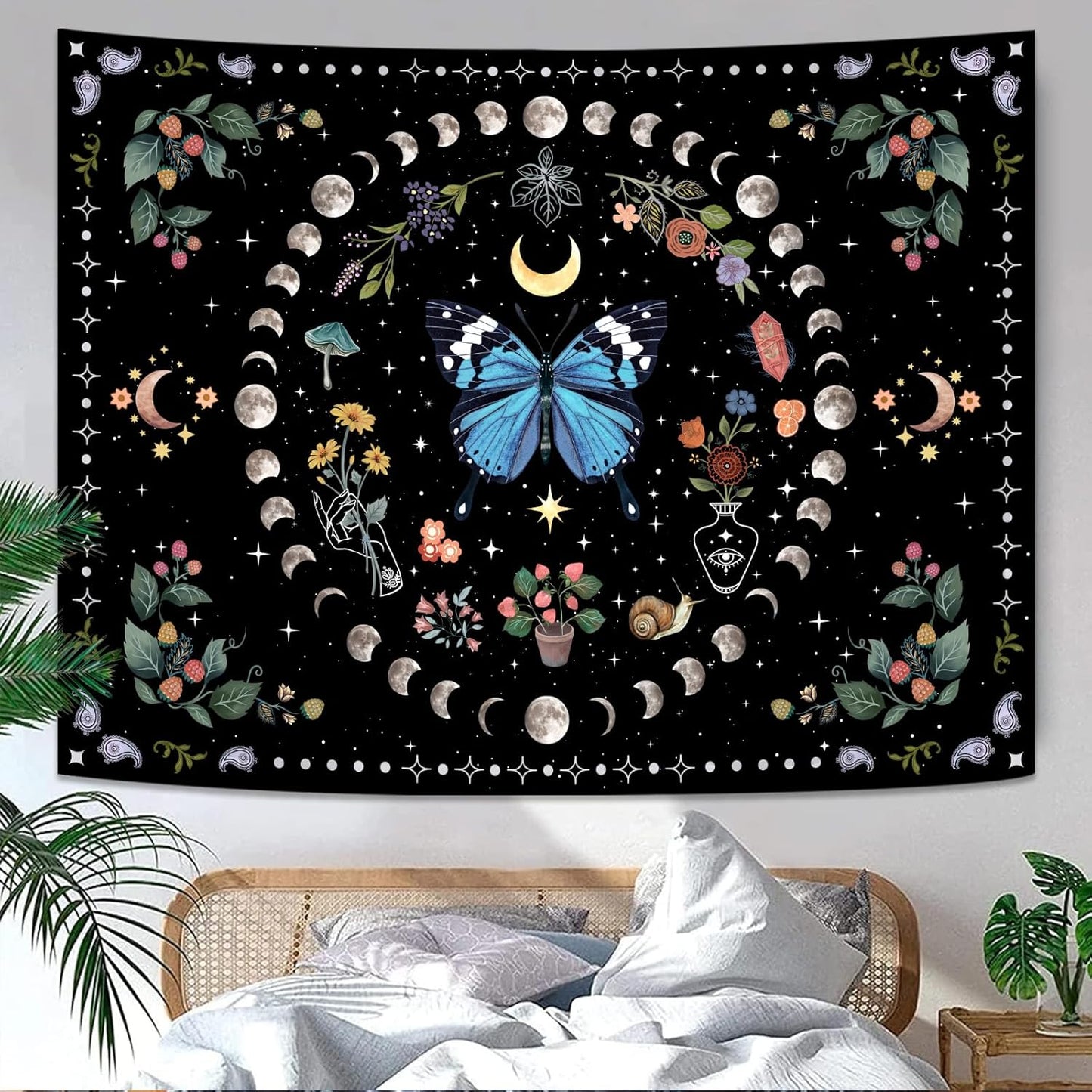 Aipon Blue Butterfly Moon Flower Wall Hanging - Botanical Boho Floral Tapestry for Bedroom & Living Room (44.00" x 60.00", Blue)