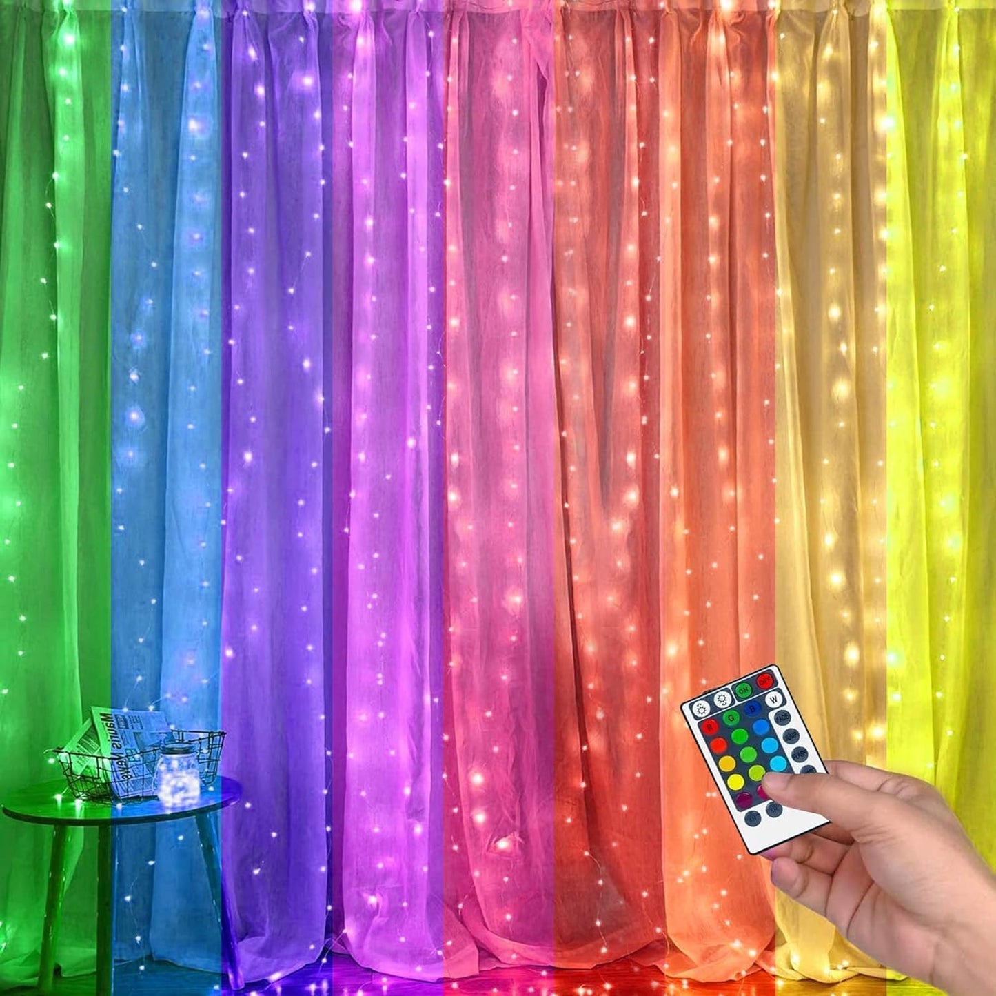 FUNPENY Window Curtain String Lights, 300 LED 8 Lighting Modes Fairy Lights USB Powered, Waterproof Lights for Christmas Bedroom Party Wedding Home Garden Wall Decorations (RGB Color Changing)