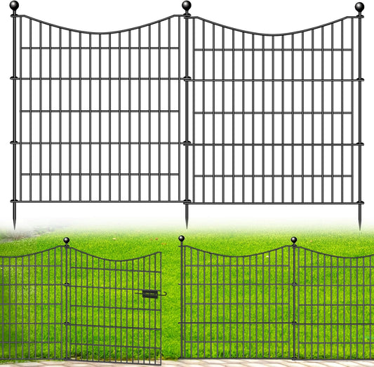 5 Panels Decorative Garden Fence with Gate, 32 in(H) X 12 ft(L) No Dig Dog Fence Animal Barrier Outdoor for Yard, Rustproof Metal Garden Edging and Borders, Temporary Fencing Stakes