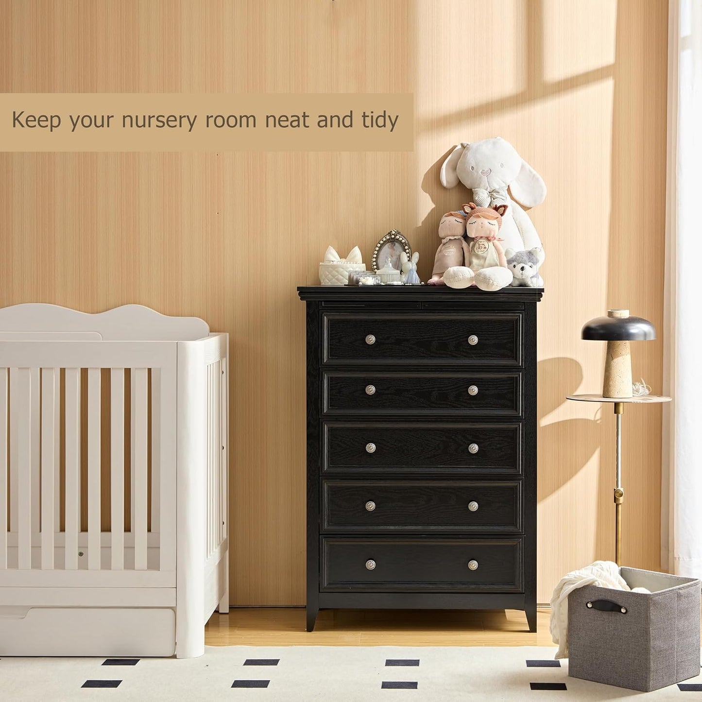 BLANKSPACE Black 5 Drawer Dresser, Modern Dresser for Bedroom, Wood Drawer Organizer with Metal Knobs, Large Capacity Wood Cabinet for Bedroom, Closets, Hallway