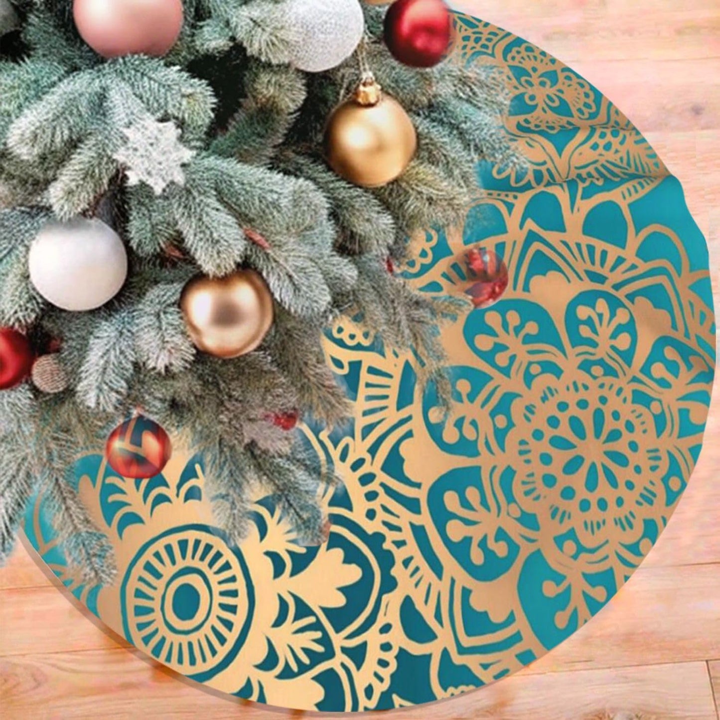 48" Large Christmas Tree Skirt, Elegant Teal Green Mandala Pattern Pattern Tree Mat Base Cover for Xmas Festive Holiday Party Decoration Ornaments