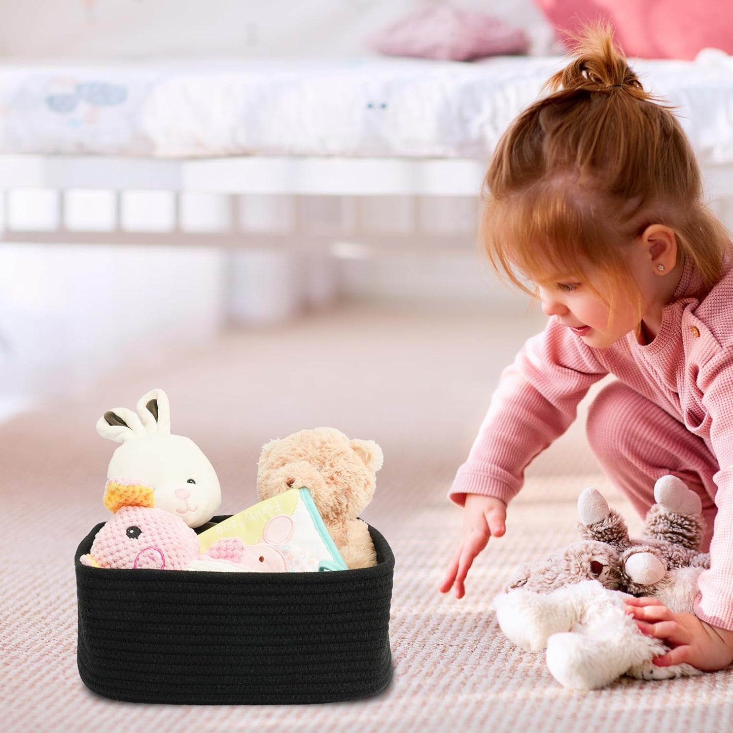 Small Woven Storage Baskets 13“X9”X5“ Decorative Rope Bins for Organizing Shelves, Closets, and Toys, Empty Gift Baskets, Cute Organizer Basket for Home and Office (black, Large)