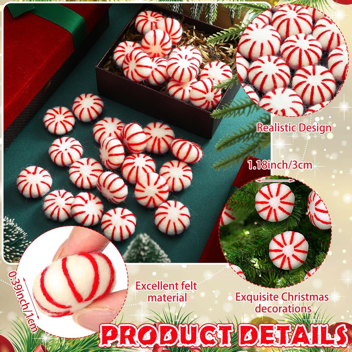 36 Pcs Felt Peppermint Decoration Christmas Wool Peppermints Christmas Arts Crafts Supplies, DIY Garland for Tree Home Vase Filler Decoration(Red)