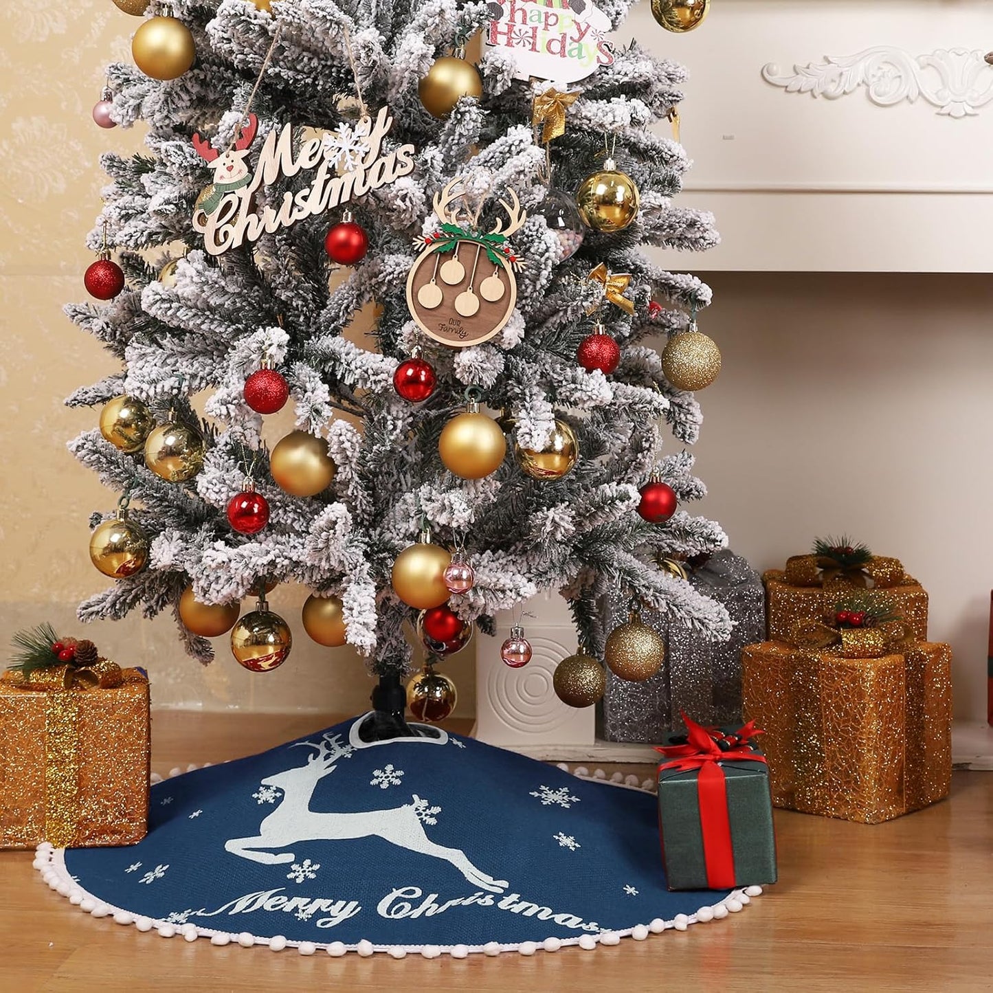 30 Inch Christmas Tree Skirt, Burlap Blue Christmas Rustic Tree Skirt with Elk Deer and White Snowflake Printed for Holiday Party Xmas Tree Decoration