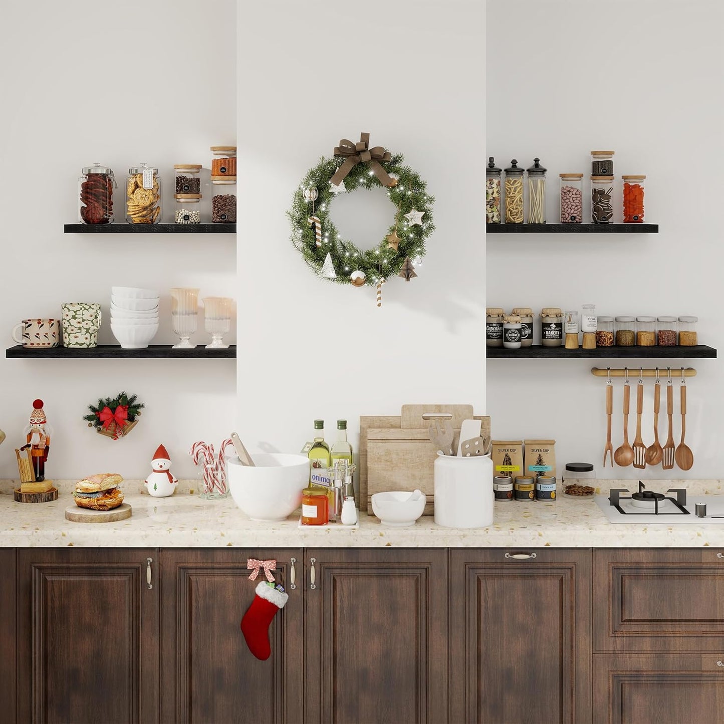 Floating Shelves for Wall, 48 Inch Floating Shelves for Home Decor, Wall Mounted Rustic Wood Shelves, Bathroom, Hanging Deep Shelf for Bedroom, Living Room, Kitchen (Black, Set of 2)