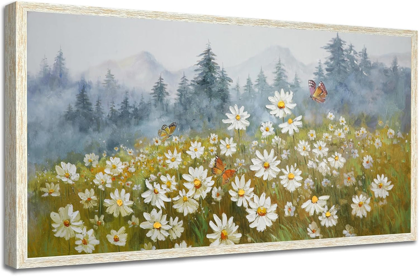 Arjun Flower Wall Art Canvas Landscape Daisy Painting Mountain Picture White Daisy Textured Floral Forest Artwork for Living Room Bedroom Office Home Wall Decor, Extra Large Framed Wood Grain 58"x29"