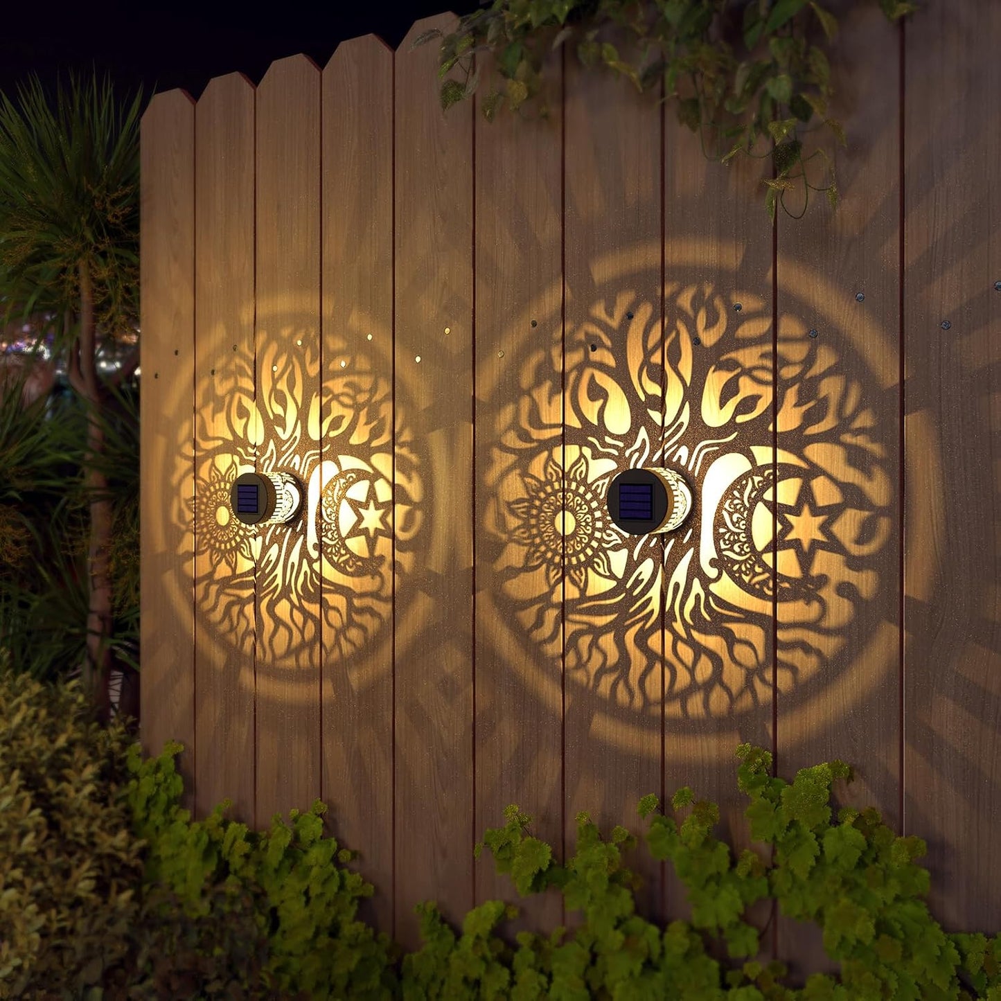2 Pack Solar Fence Lights Metal Solar Powered Outdoor Wall Deck Step Lights Tree Theme Waterproof Fence Light for Garden Post Patio Backyard Yard Decor (Tree, 2 Pack)