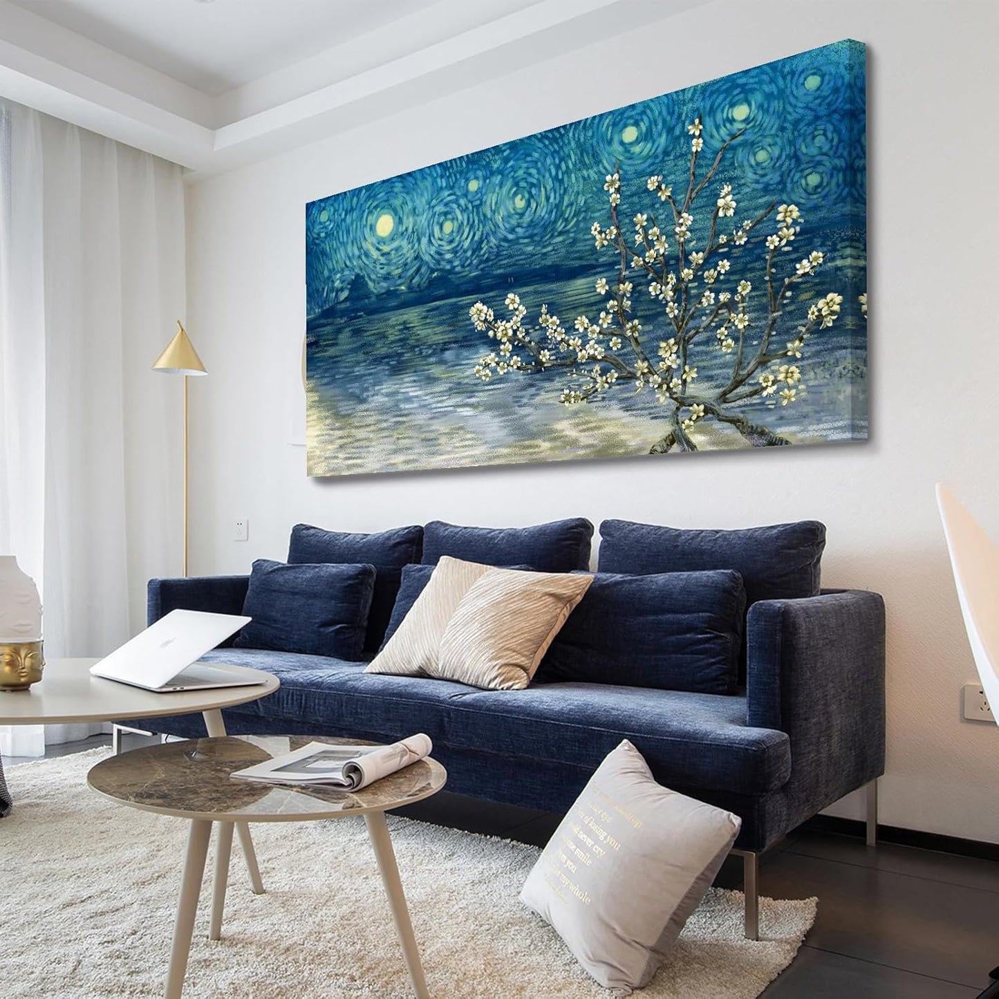 amatop Extra Large Wall Art Floral Tree Canvas Print for Living Room Bedroom Office– Oversized Plum Blossom Lake Landscape Picture Modern Blue Teal Nature Artwork Decor 58x29 Inch