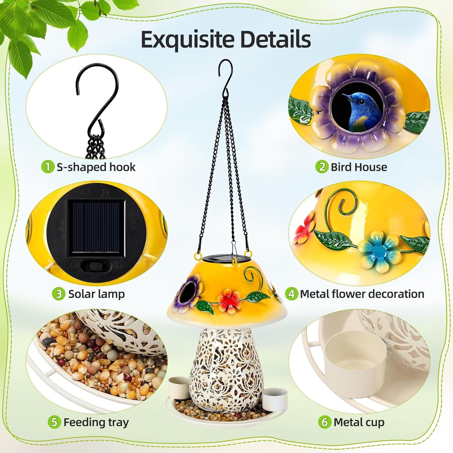 Mushroom Solar Bird Feeders for Outdoors Hanging Metal Wild Bird Feeder Garden Lantern with S Hook for Garden Decoration Yellow