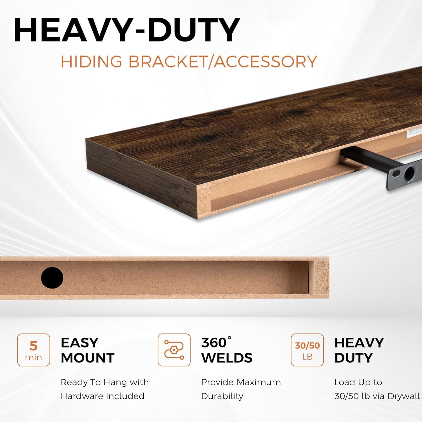 32Inch Floating Shelves for Wall 2 Pack Wood Shelves for Kitchen, Bathroom, Bedroom Wall Mounted Rustic Wood Floating Shelf with Invisible Brackets for Books, Storage, Decor, Rustic Brown