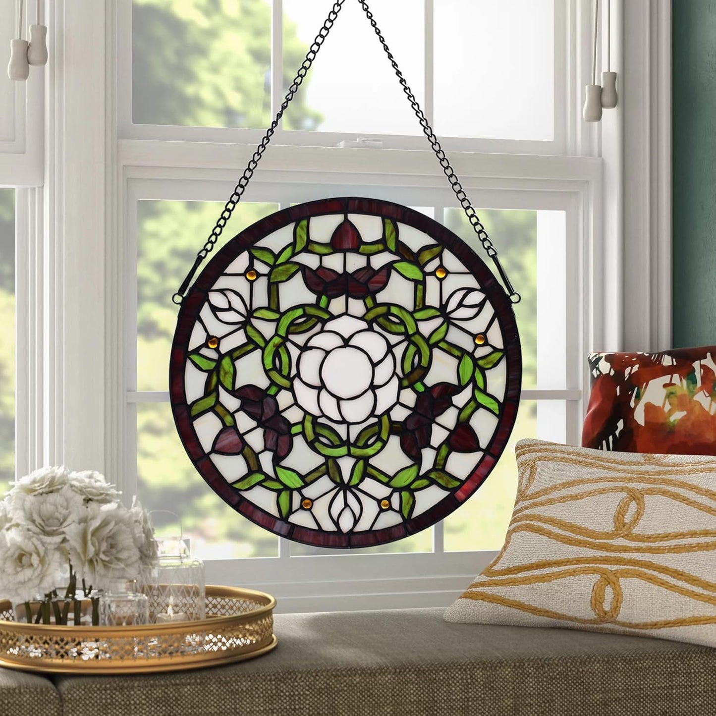 Handcrafted Stained Glass Window Panel - 12-Inch Round Floral Design with Vibrant Colors, Elegant Decorative Hanging Art for Home Décor, Includes 20-Inch Chain & Hook (Green iris)