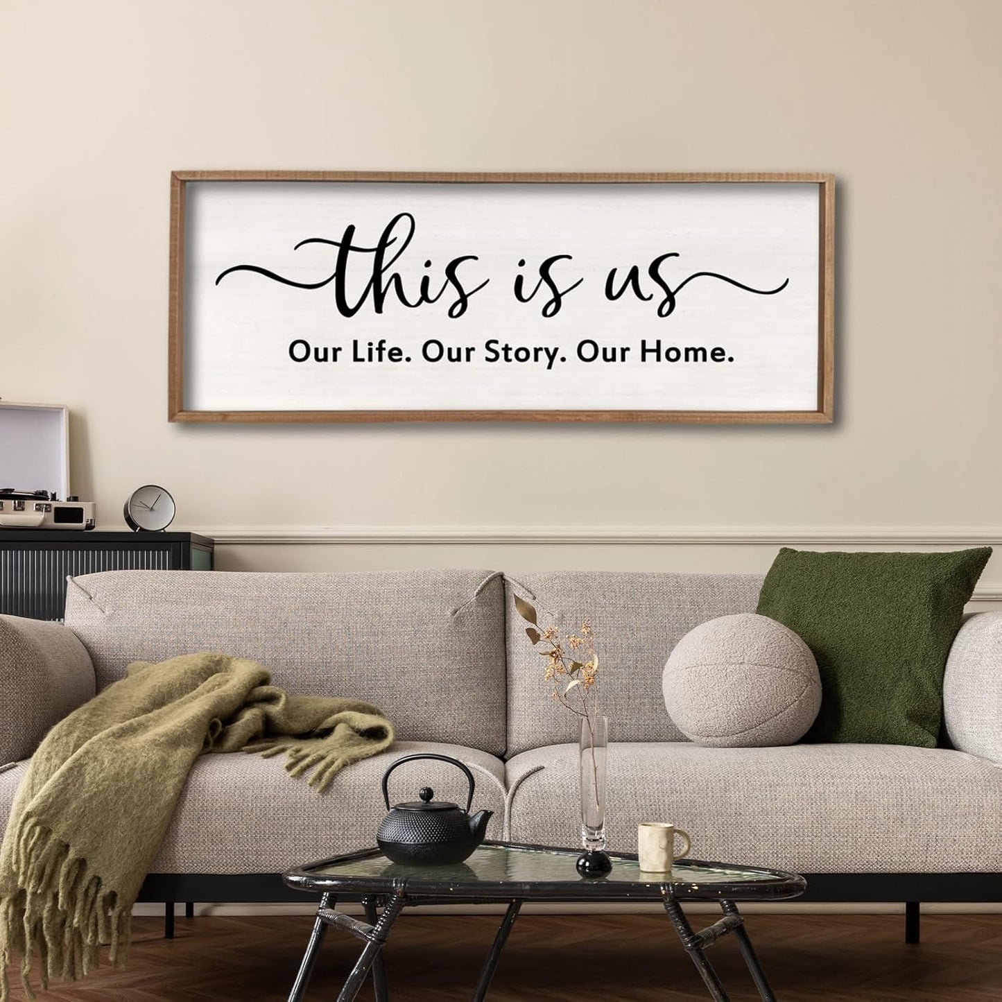 This is us Wall Decor Sign 40'' x 15'' Large Master Bedroom Home Life Story Wood Framed Vintage Family Sign Rustic Plaque Living Room Minimalist Farmhouse Hanging Wall Art (Wood)