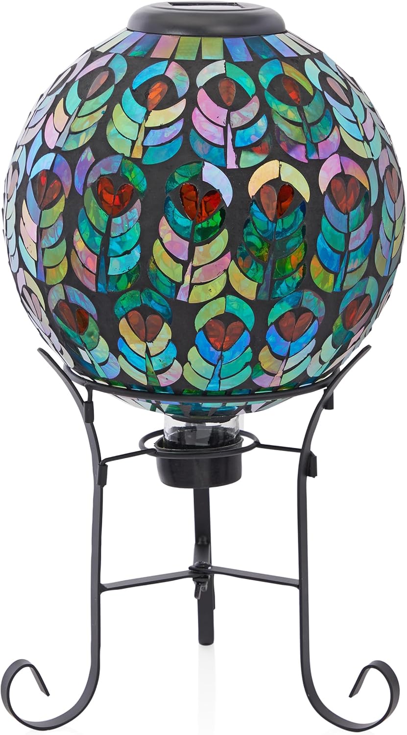 Alpine Corporation GRS926A-SLR Solar Gazing Globe w/Mosaic Peacock Feather Design & Metal Stand, Elegant Yard Art, 12" H, Multi