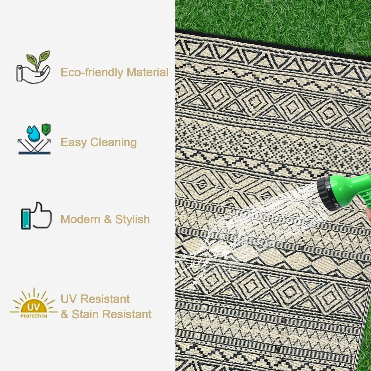 GAOMON Outdoor Rug for Patio Clearance 5x8 Reversible Plastic Straw Patio Rug for Camping Stain & UV Resistant RV Mats for Porch, Deck, Backyard, Camper, Balcony, Picnic, Black&Brown